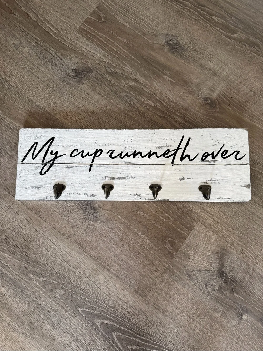 Hobby Lobby White Wood 'My cup runneth over' Hook Rack